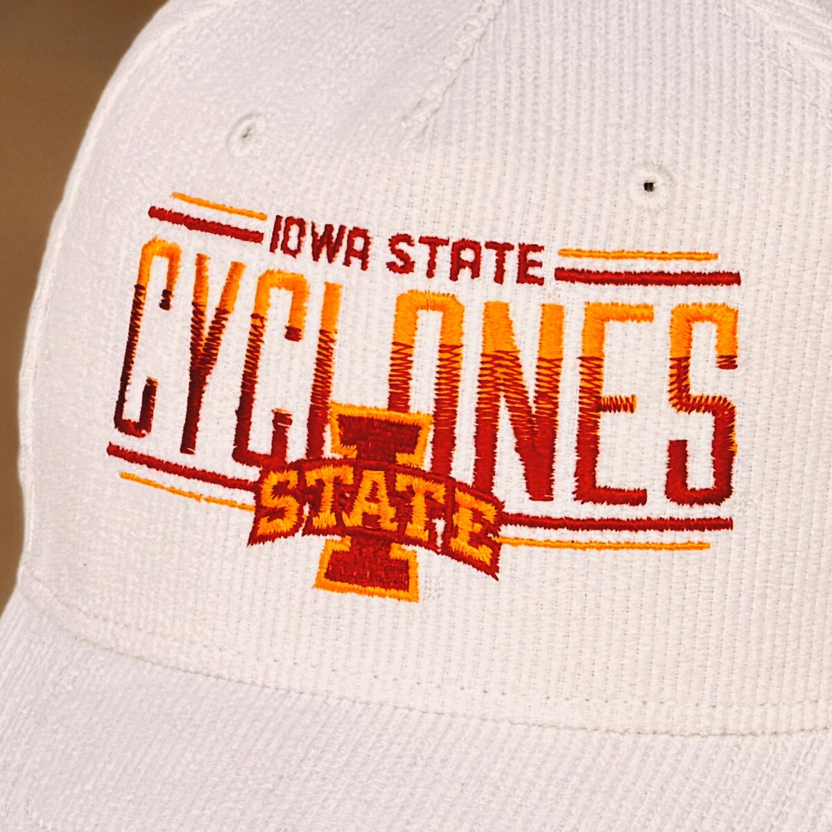 Legacy I-State Ivory Corduroy Adjustable Hat design close up